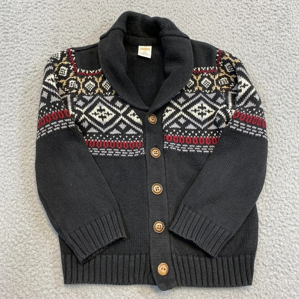 Gymboree Boys Fair‎ Isle Cardigan Sweater Size 5T Black Shawl Collar Winter Cozy